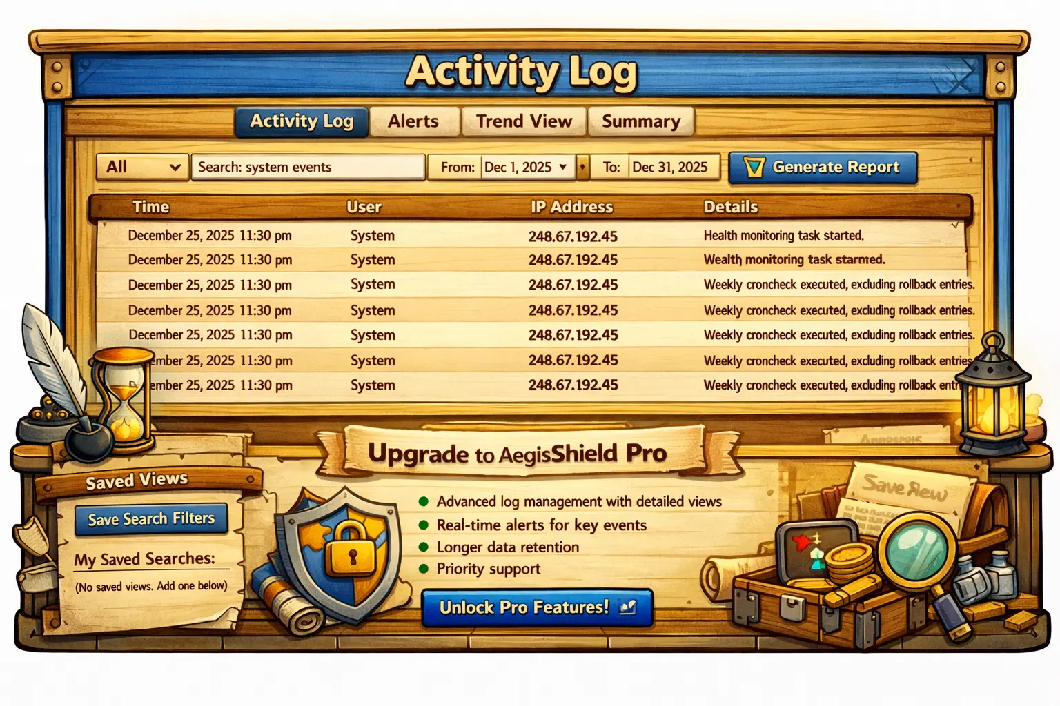 A digital dashboard displaying a list of recent system activity logs with timestamps and status indicators.