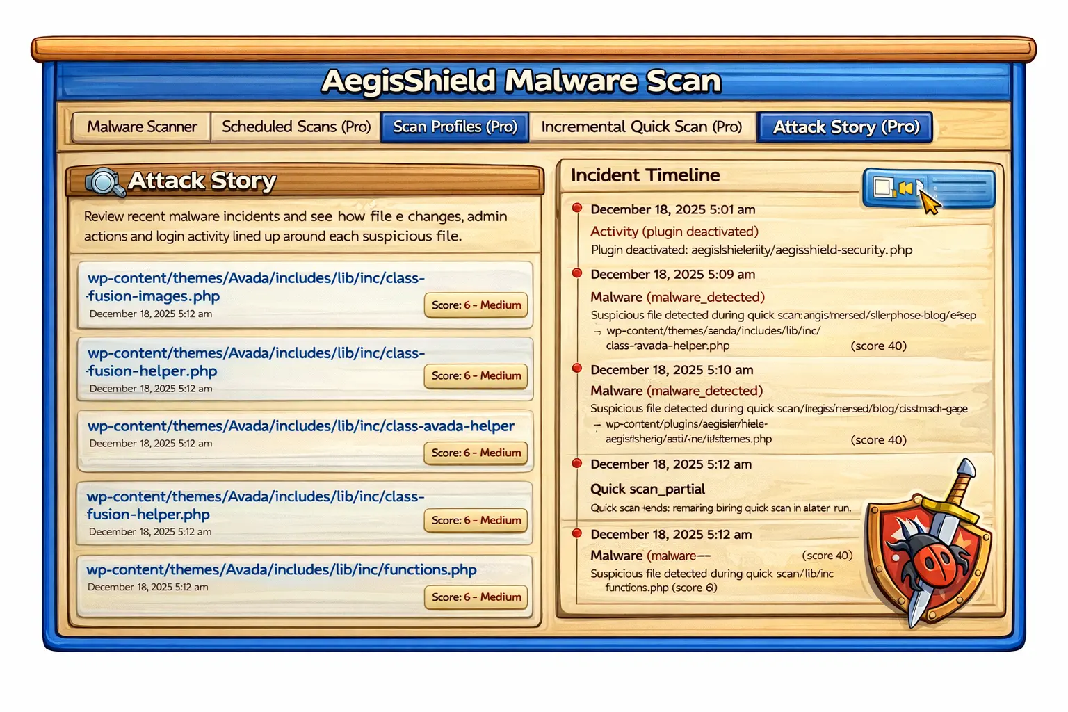 A digital interface displaying a malware scan in progress with a progress bar and security status indicators.