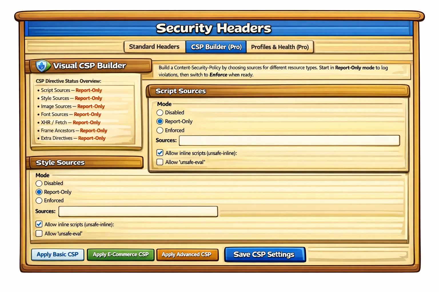 A diagram illustrating various HTTP security headers and their functions in protecting web applications.