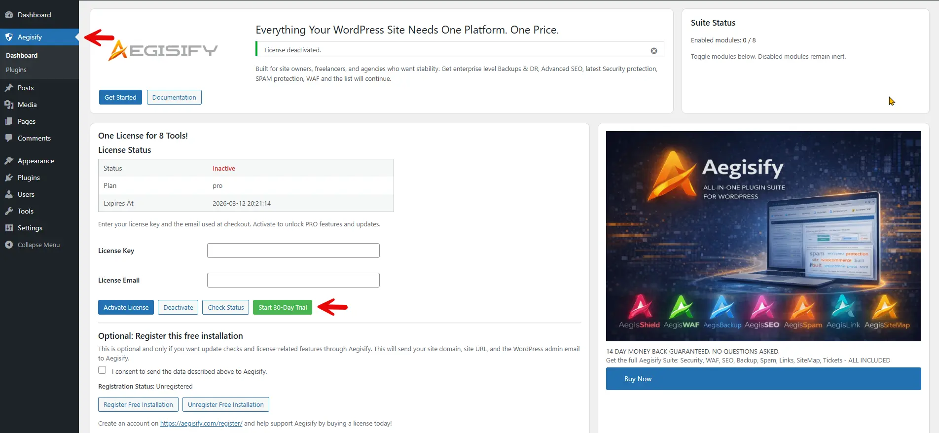 Aegisify Core WordPress dashboard showing the Start 30-Day Trial button