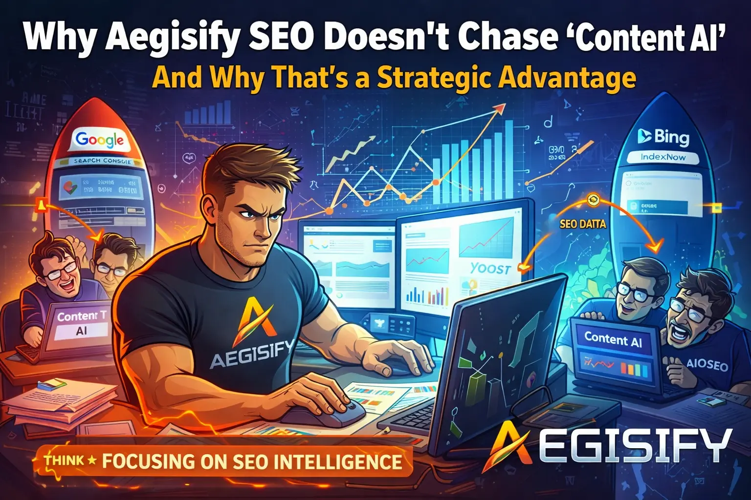 Aegisify SEO dashboard showing data integration from Bing Webmaster Tools and Google Search Console.