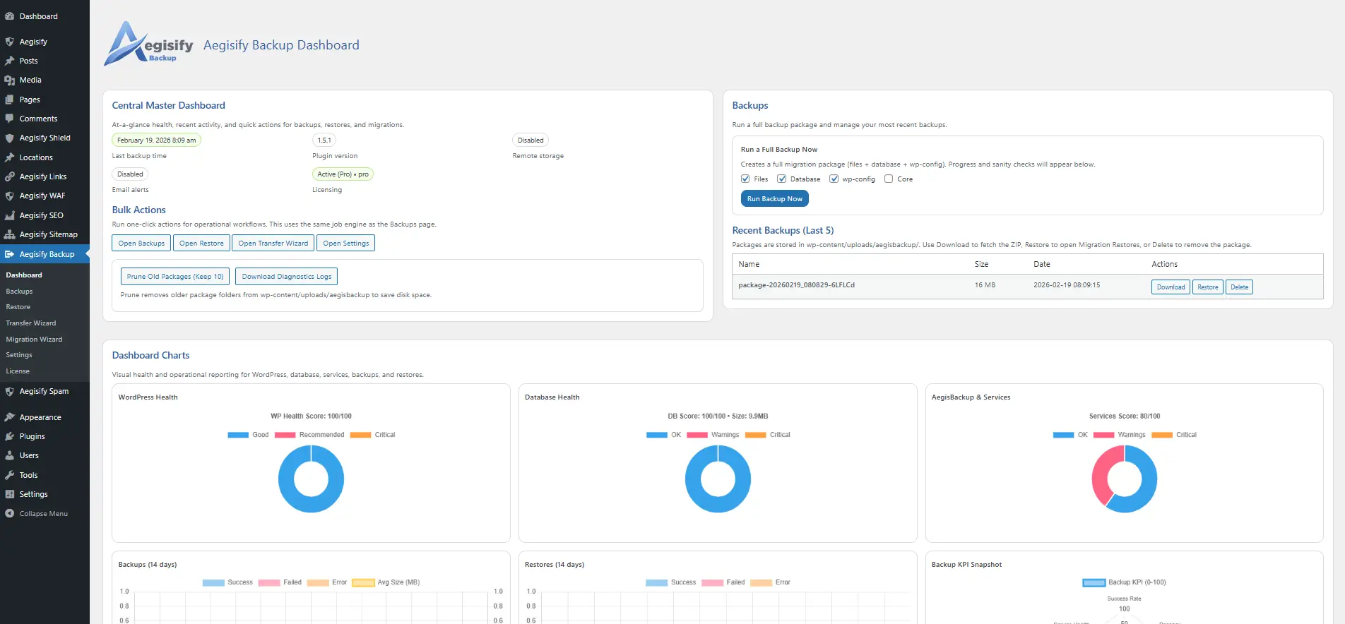 Aegisify Backup dashboard visible from the WordPress administration menu