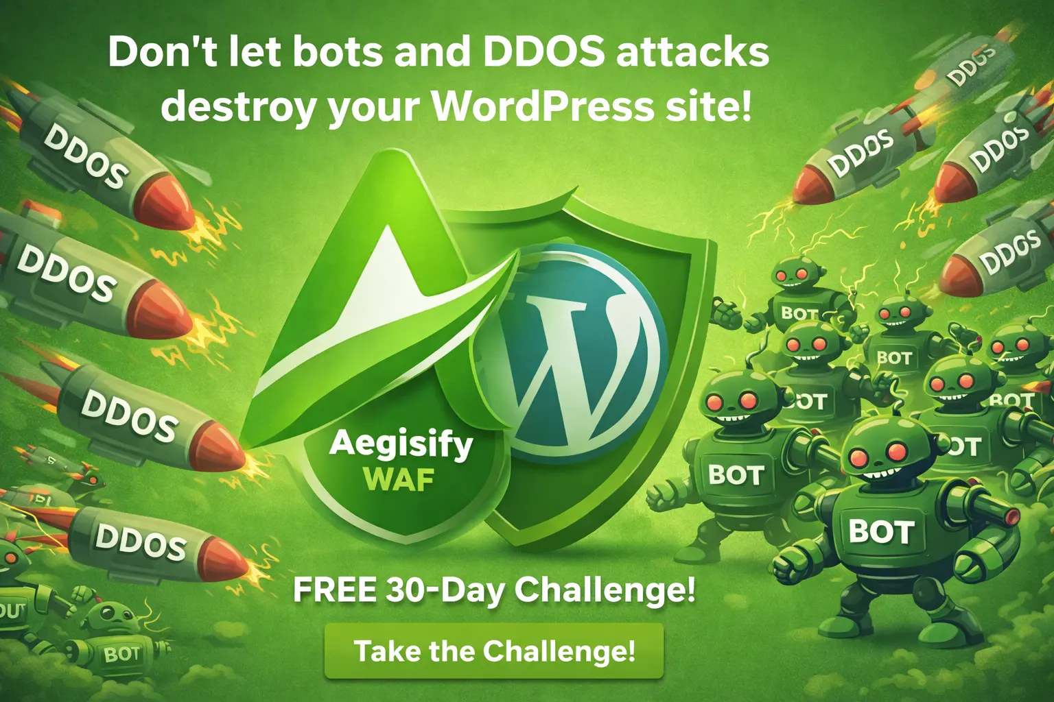 aegisifywaf-wordpress Aegisify WAF logo and WordPress icon representing website security and DDoS protection.