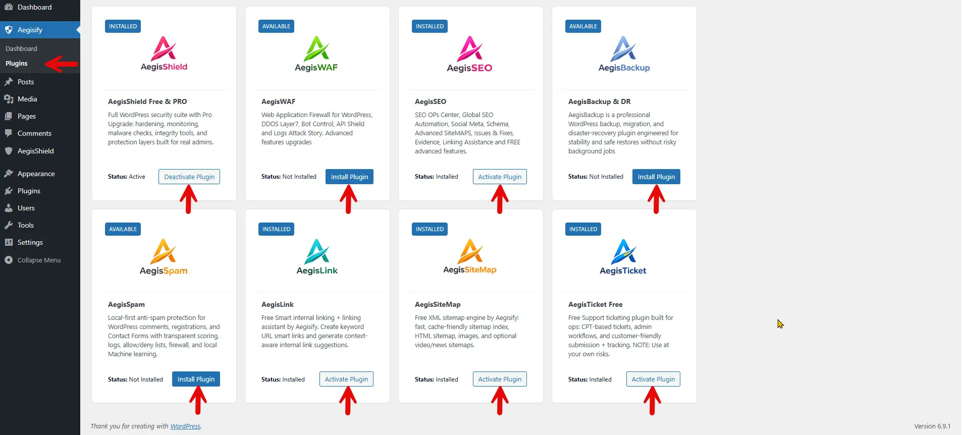 Aegisify Core Plugins page showing install and activate actions for suite products