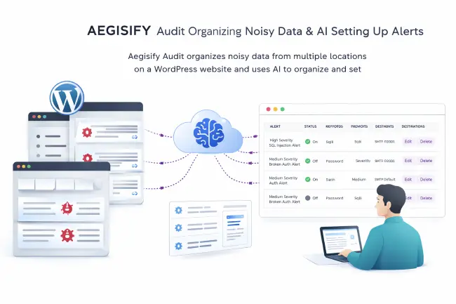 A stylized digital graphic representing AI-integrated security auditing with interconnected nodes and data flow lines.