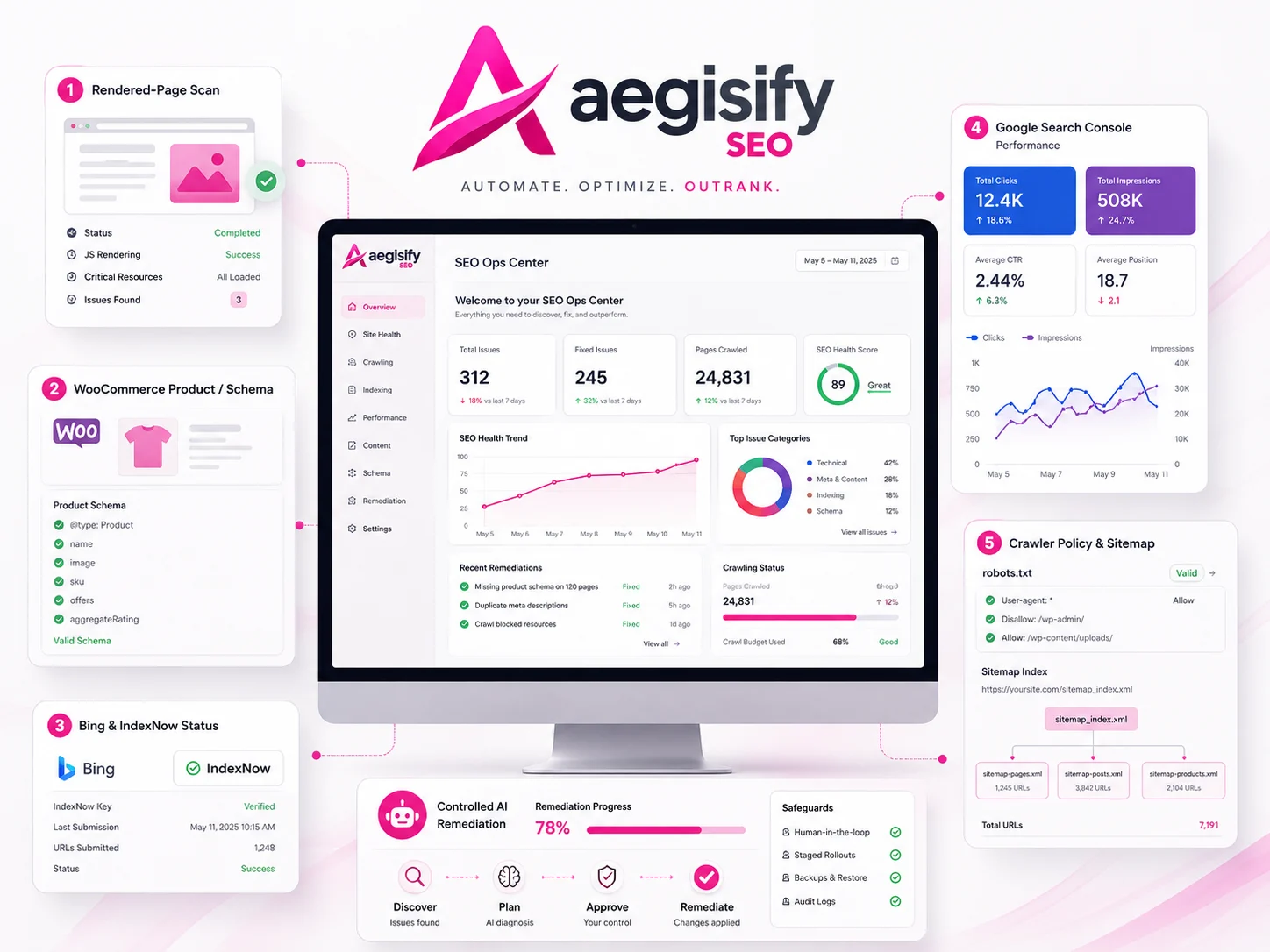 seo-features A digital illustration featuring icons representing SEO elements like search bars, analytics charts, and magnifying glasses.
