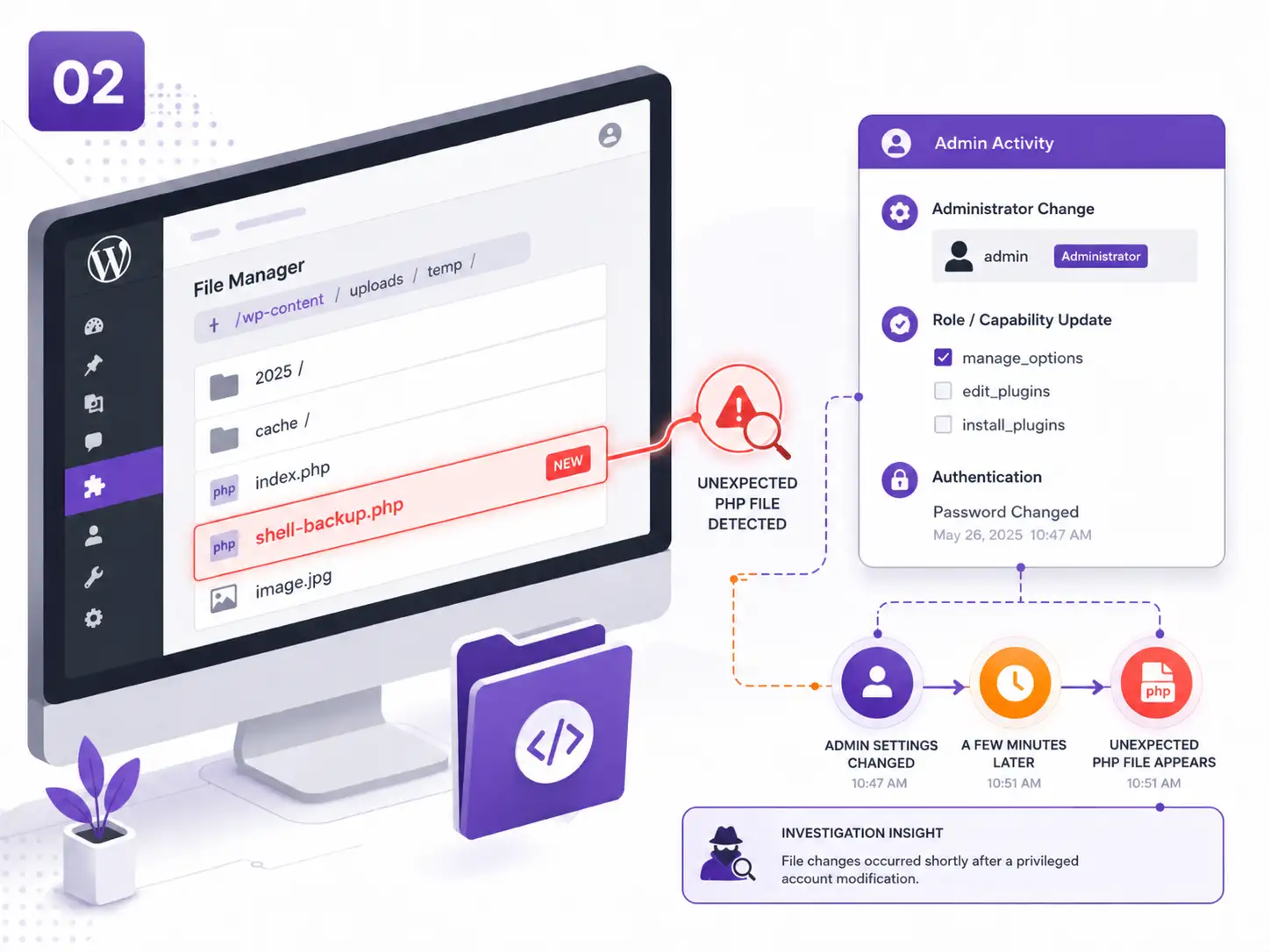 Illustrative Aegisify Audit scenario correlating an unexpected PHP file with a recent privileged WordPress administrator change.