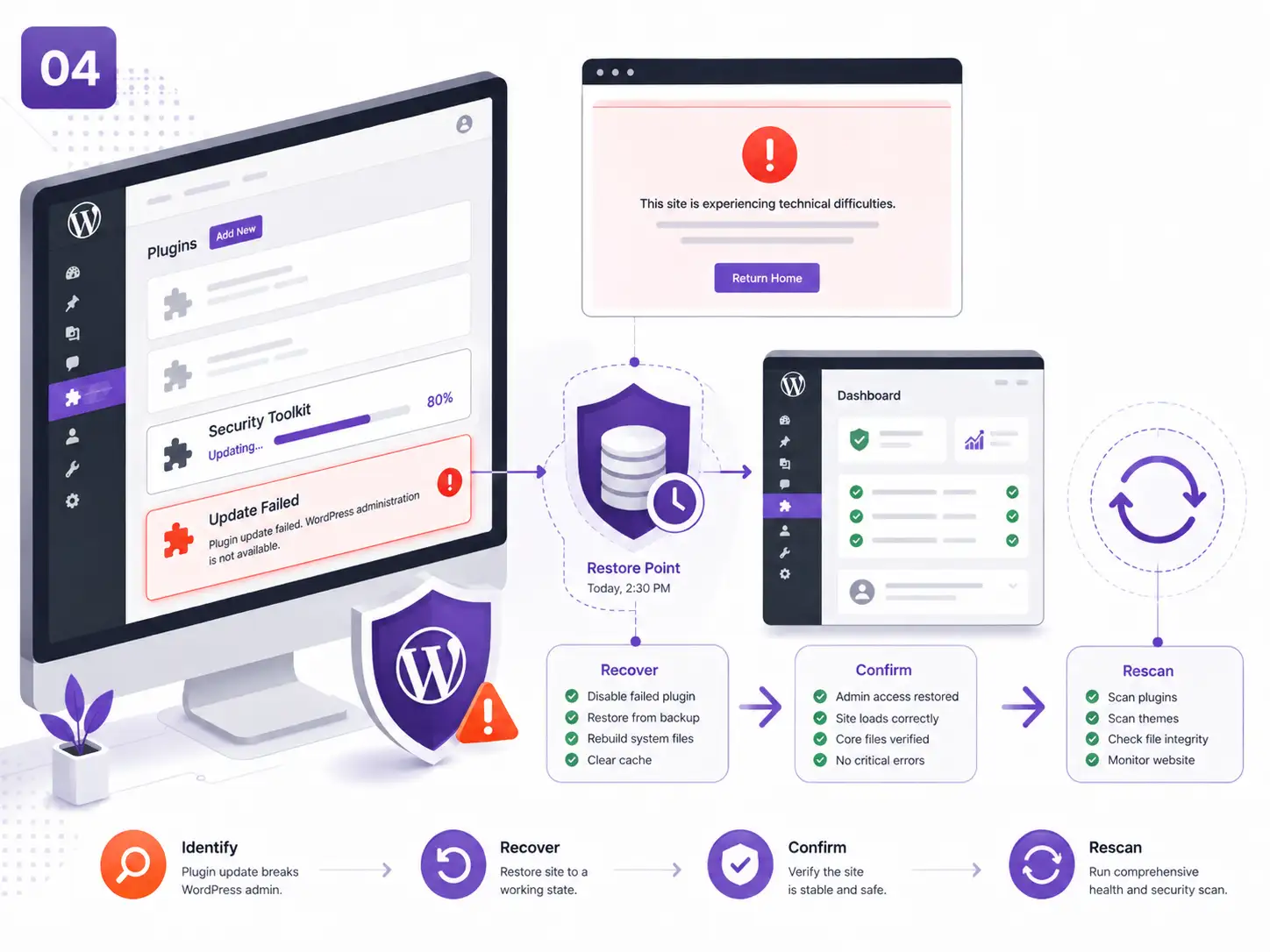 Illustrative Aegisify Audit recovery scenario showing a failed WordPress plugin update, restore point, recovery, confirmation, and rescan.
